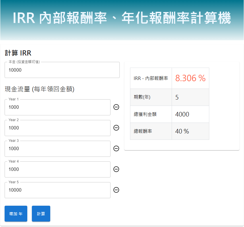 IRR 年化報酬率計算